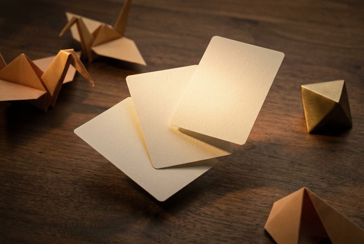 Blank cream cards resting on a warm dark table under a soft spotlight, one lifted as if mid-draw
